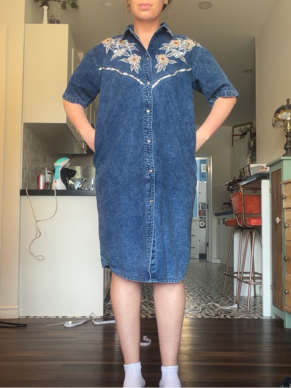 Vintage Dolly Denim Dark Blue Embroidered Denim Midi Dress - Picture 10 of 14